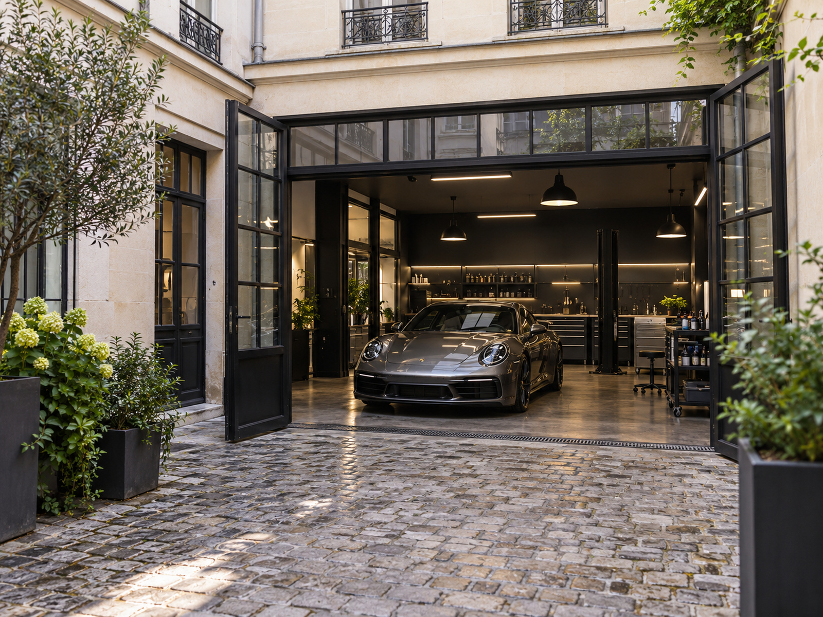 entrée d'atelier dans une cour pavée du 12e